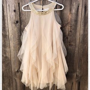 Beige Tiered Mesh Dress w/ Rhinestone Collar
